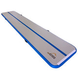 The Niels Larsen Air Tumble Track is an inflatable gym mat with a blue border, gray surface, and blue center stripe—ideal for safe gymnastics practice and landings.
