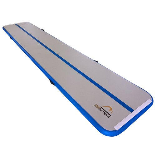 The Niels Larsen Air Tumble Track is an inflatable gym mat with a blue border, gray surface, and blue center stripe—ideal for safe gymnastics practice and landings.