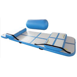 The Niels Larsen Airtumble Track Set by Niels Larsen features a blue and white gymnastics mat, cylindrical roller, two black handles, and a small detachable mat—versatile training equipment shown on a white background.