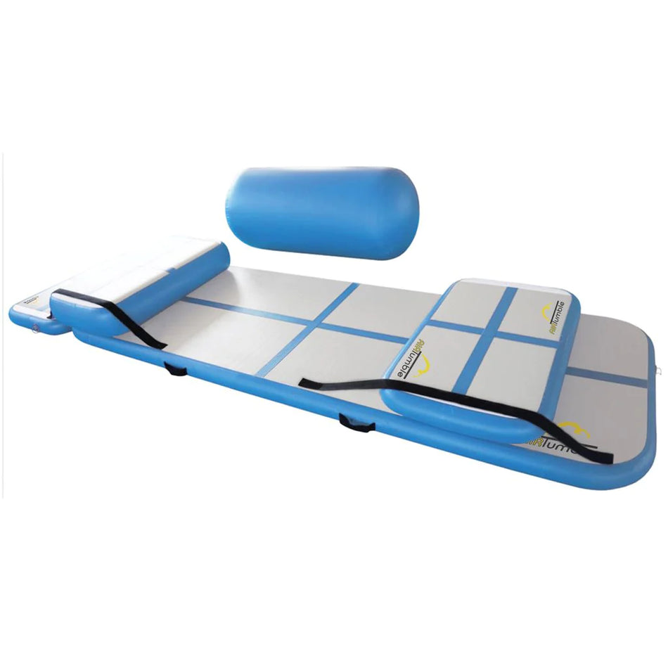 The Niels Larsen Airtumble Track Set by Niels Larsen features a blue and white gymnastics mat, cylindrical roller, two black handles, and a small detachable mat—versatile training equipment shown on a white background.
