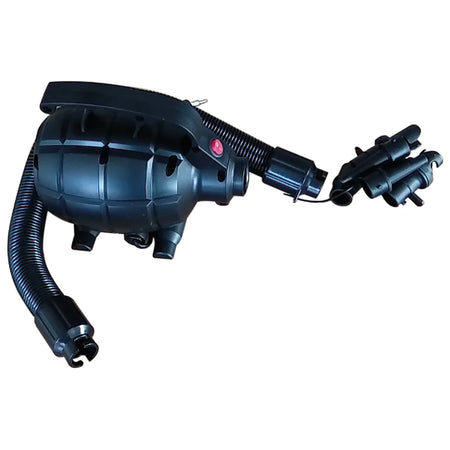 Black portable electric air pump by Niels Larsen with a handle, flexible hose, and multiple nozzles—perfect for inflating air mattresses, toys, or the Niels Larsen Airtumble Track Set. Shown on a white background.