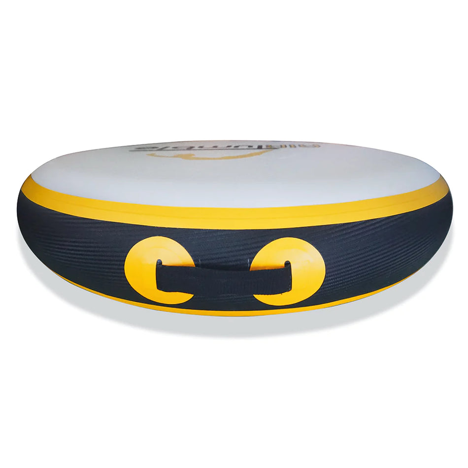 The Niels Larsen Airtumble Airspot is a round inflatable snow tube with a white top, black sides, and a yellow stripe. It has two yellow circles, a front black handle, and inflates fast with a foot pump for instant winter fun.