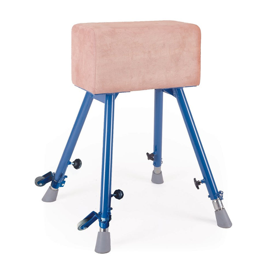 The Niels Larsen Vaulting Buck by Niels Larsen features a padded rectangular block with a pink cover, set on four adjustable steel legs with non-marking rubber feet for sturdy support.