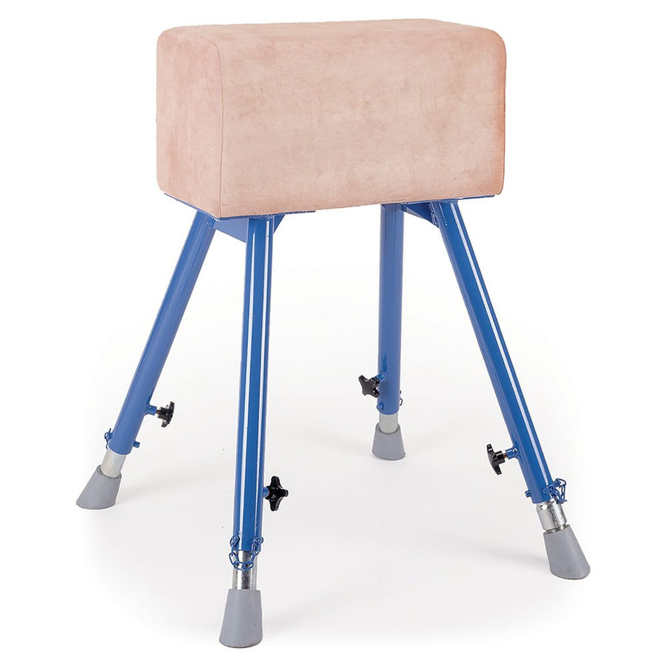 The Niels Larsen Vaulting Buck is a gymnastics apparatus with a rectangular padded natural hide top and four height-adjustable steel legs, each with a non-marking rubber foot for added stability.