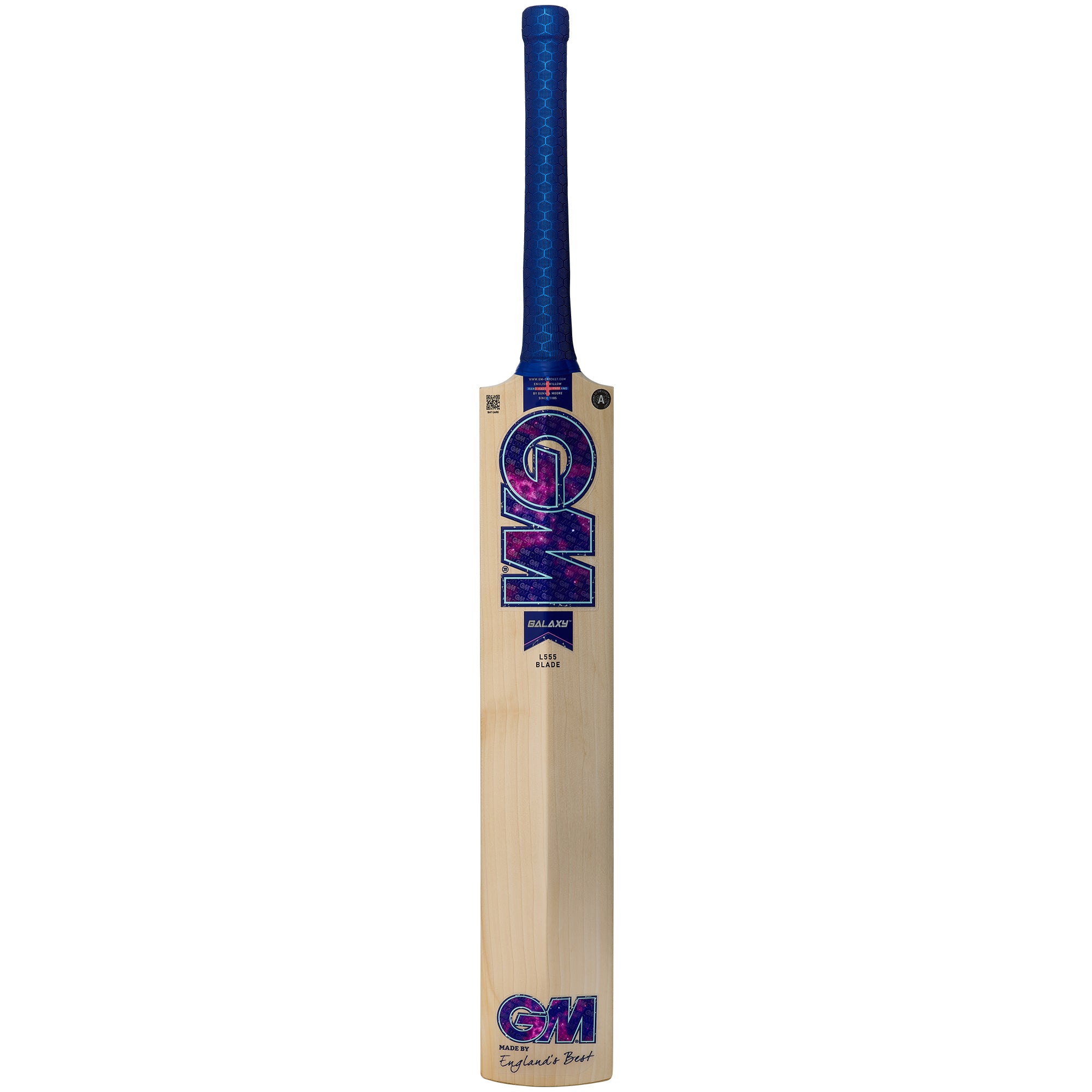 The Gunn & Moore Galaxy DXM Senior Cricket Bat 2026 is a lightweight bat with a blue handle and purple GM logo, branded on the front. "England's Best" appears at the bottom. The bat stands upright against a white background.