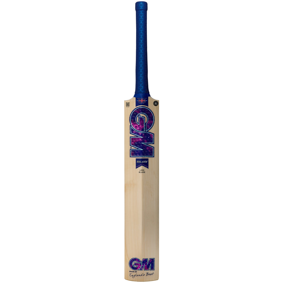 The Gunn & Moore Galaxy DXM Junior Cricket Bat 2026 is a lightweight English willow bat with a blue Galaxy grip, bold blue, pink, and white GM branding, a clean face featuring the GM logo, and “England’s Best” at the base.