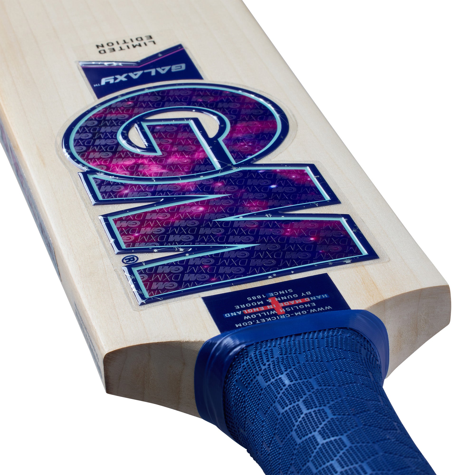 Close-up of the Gunn & Moore Galaxy DXM Senior Cricket Bat 2026 featuring a lightweight build, blue grip, and striking purple and blue galaxy-themed design with "GALAXY" and "LIMITED EDITION" labels.