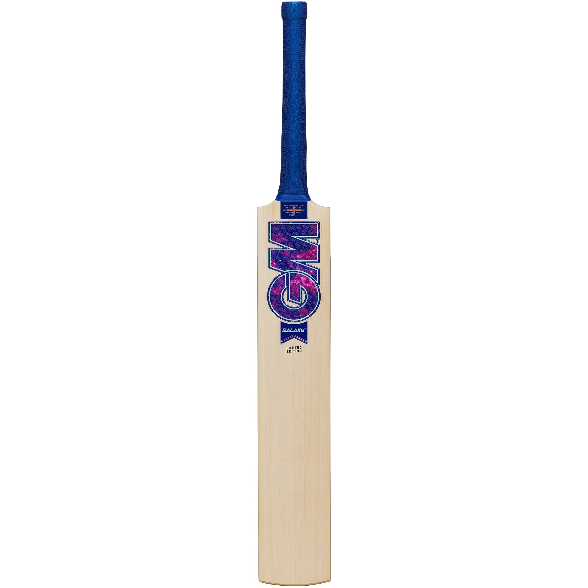 The Gunn & Moore Galaxy DXM Senior Cricket Bat 2026 is a lightweight wooden bat with a flat, smooth face, a blue textured grip on the handle, and a large GM logo displayed on the front.