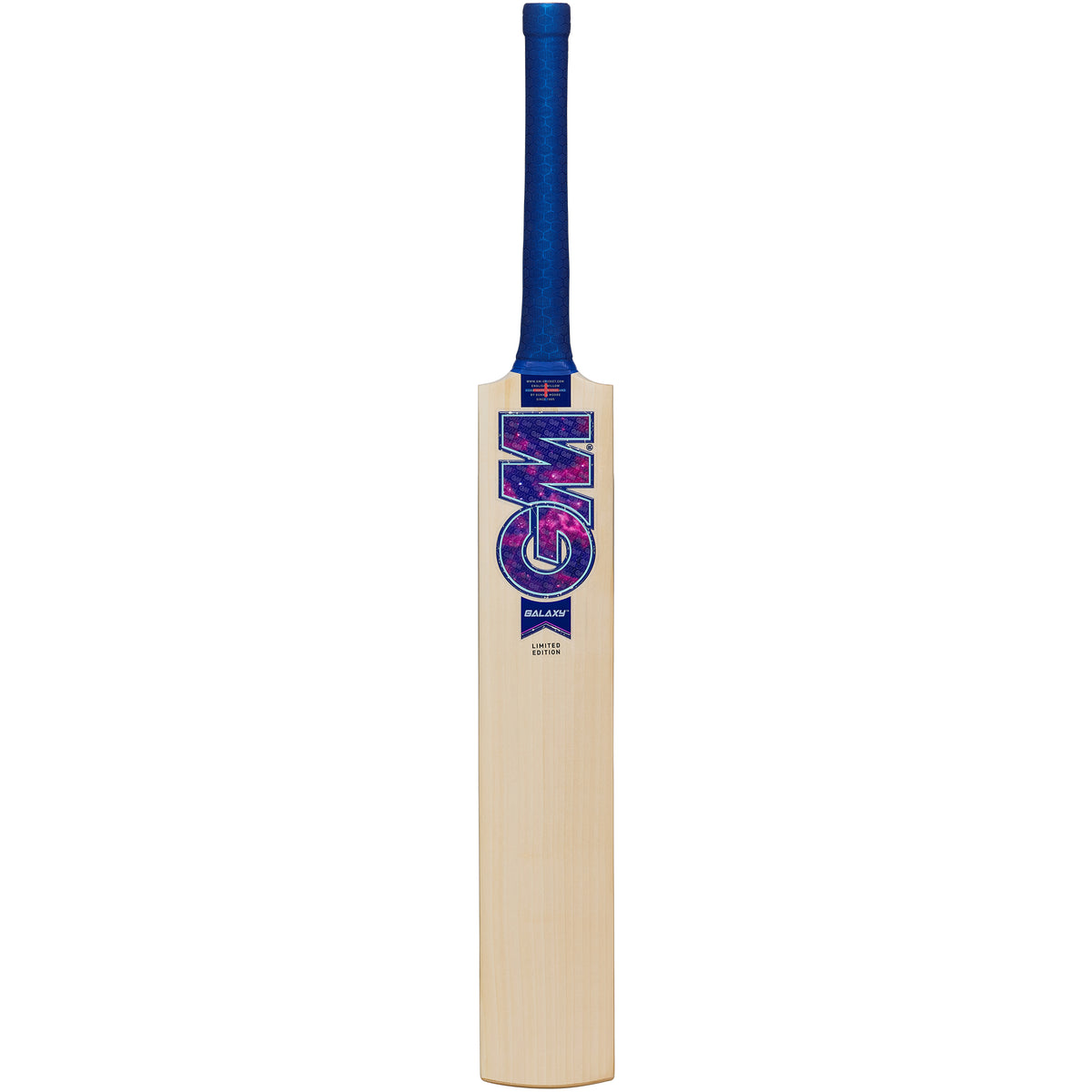 The Gunn & Moore Galaxy DXM Junior Cricket Bat 2026 is a lightweight English willow bat with a blue Galaxy grip and blue, purple, and silver GM branding on the front, shown upright against a white background.