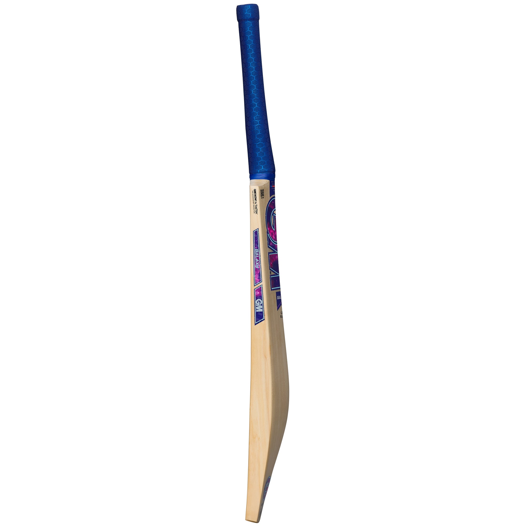 The Gunn & Moore Galaxy DXM Senior Cricket Bat 2026, crafted from English willow with a blue grip and blue-purple stickers, is displayed from the side on a plain white background.