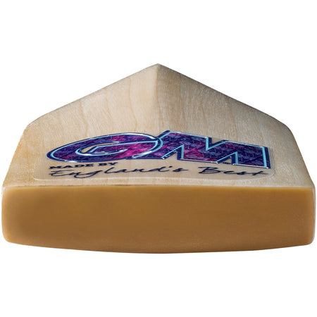 Close-up of the flat toe and lower face of the lightweight Gunn & Moore Galaxy DXM Senior Cricket Bat 2026 with a light natural finish, featuring a colorful GM logo and "Made by England's Best" near the base.