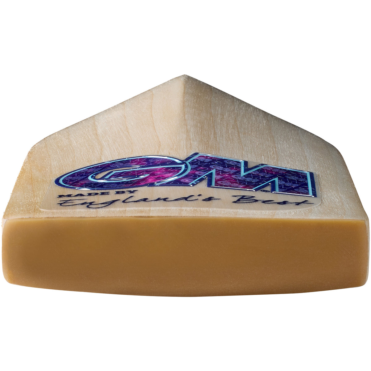 Close-up of the Gunn & Moore Galaxy DXM Junior Cricket Bat 2026 toe, featuring the GM logo and "Made by England’s Best" text on its smooth, polished English willow surface for a lightweight pick-up.