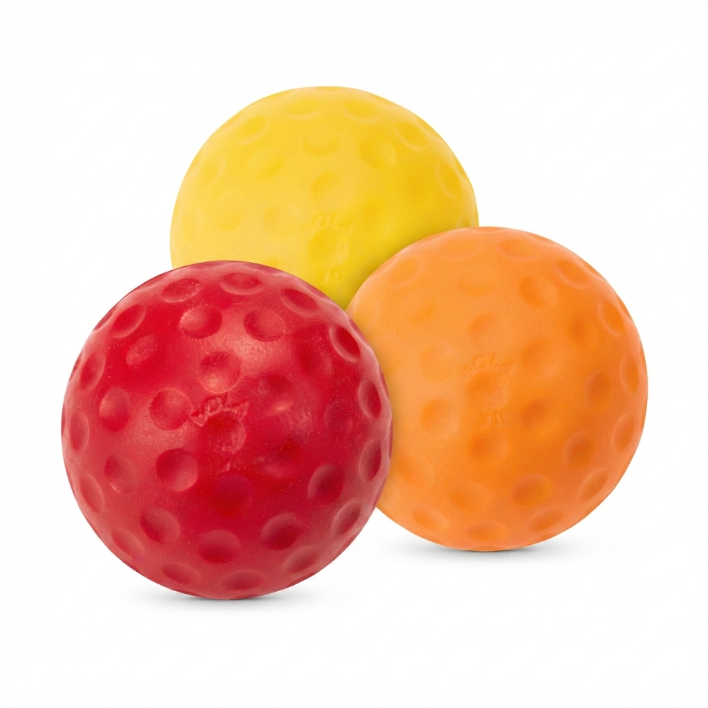 Three dimpled Bola Bowling Machine Balls in red, yellow, and orange (3oz) are displayed in a triangular cluster against a white background, making them perfect for use with your Bola Bowling Machine.