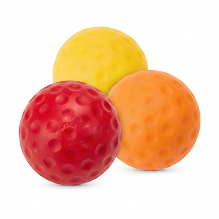 Three dimpled Bola Bowling Machine Balls in red, yellow, and orange (3oz) are displayed in a triangular cluster against a white background, making them perfect for use with your Bola Bowling Machine.