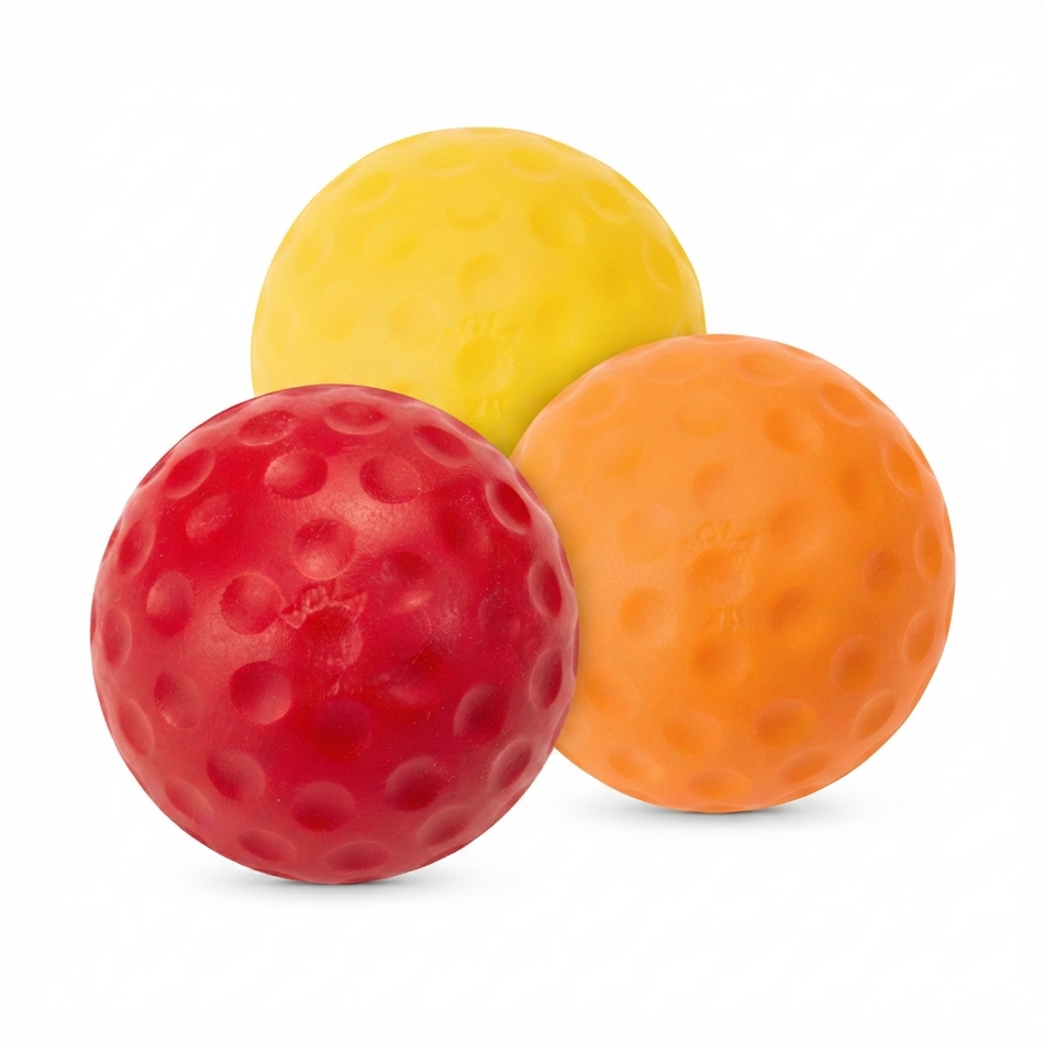 Three dimpled Bola Bowling Machine Balls in red, yellow, and orange (3oz) are displayed in a triangular cluster against a white background, making them perfect for use with your Bola Bowling Machine.
