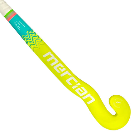 A black and neon yellow Mercian Genesis CF15 GK Znake field hockey stick with a kinked shaft and curved end, featuring a white grip and blue and green detailing near the top.