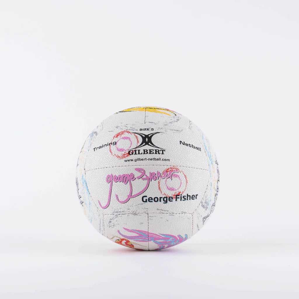 The Gilbert Ambassador Signature Netball by Gilbert, size 5, features vibrant designs and visible signatures—including George Fisher—on a white background, making it an ideal collector’s ball for netball fans.