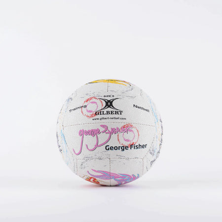 The Gilbert Ambassador Signature Netball by Gilbert, size 5, features vibrant designs and visible signatures—including George Fisher—on a white background, making it an ideal collector’s ball for netball fans.