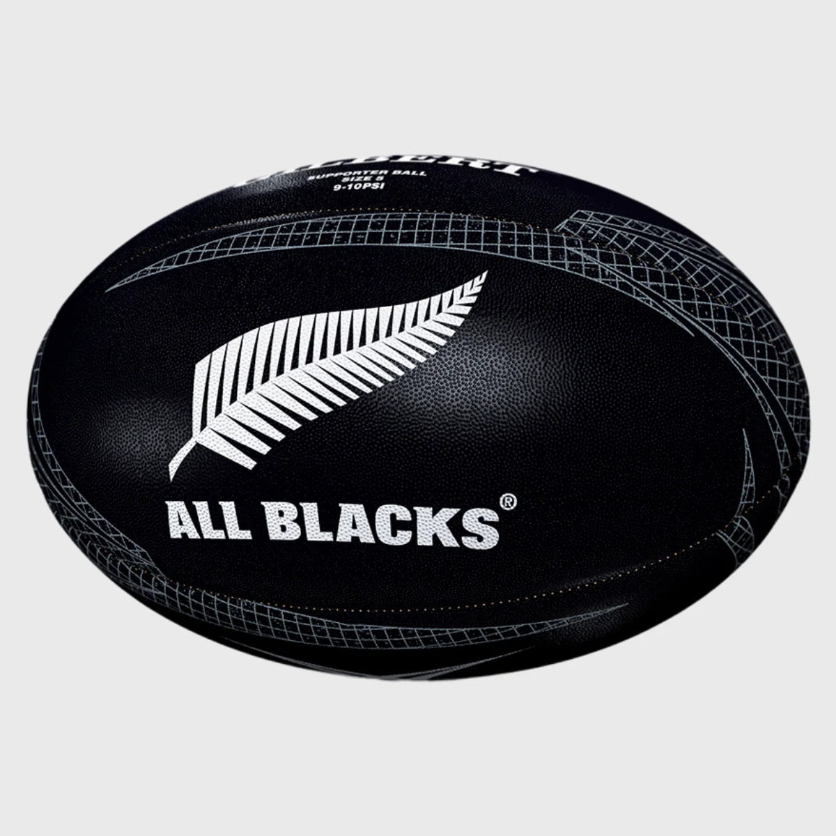 The Gilbert All Blacks Supporter Rugby Ball Size 5 by Gilbert features a black design with a white silver fern logo and bold ALL BLACKS text—ideal for New Zealand rugby fans.
