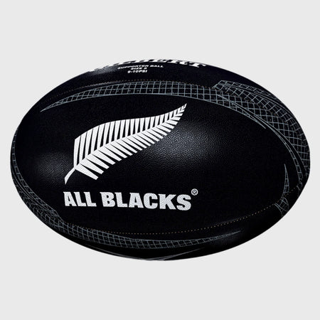 The Gilbert All Blacks Supporter Rugby Ball Size 5 by Gilbert features a black design with a white silver fern logo and bold ALL BLACKS text—ideal for New Zealand rugby fans.
