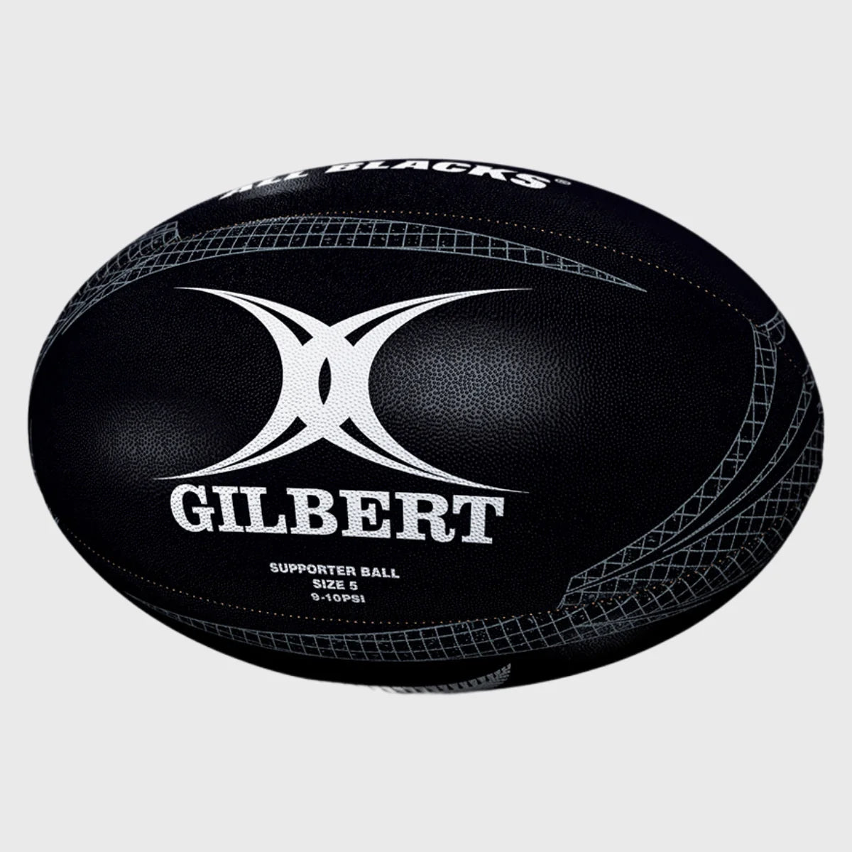 The Gilbert All Blacks Supporter Rugby Ball Size 5 by Gilbert features black and white detailing, the GILBERT logo, and displays "SUPPORTER BALL SIZE 5" and "ALL BLACKS," making it ideal for New Zealand rugby fans.