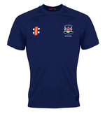 The Gray Nicolls Gloucestershire CCC Seniors Matrix V2 T-Shirt is navy blue with a white crest and "Gloucestershire Seniors CCC" on the left chest, advanced moisture management, and a red sponsor logo with white text on the right chest.