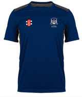 The Gloucestershire CCC Seniors Pro Performance T-Shirt by Gray Nicolls is blue with black side panels, features the Seniors crest and SENIORS text on the left chest, plus a small red and white logo on the right chest.