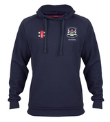 The Gloucestershire CCC Seniors Velocity Hoodie by Gray Nicolls is a navy active-fit hoodie with front pocket, dark drawstrings, chest embroidery featuring a crest with SENIORS beneath it, and a small red and white cricket emblem.