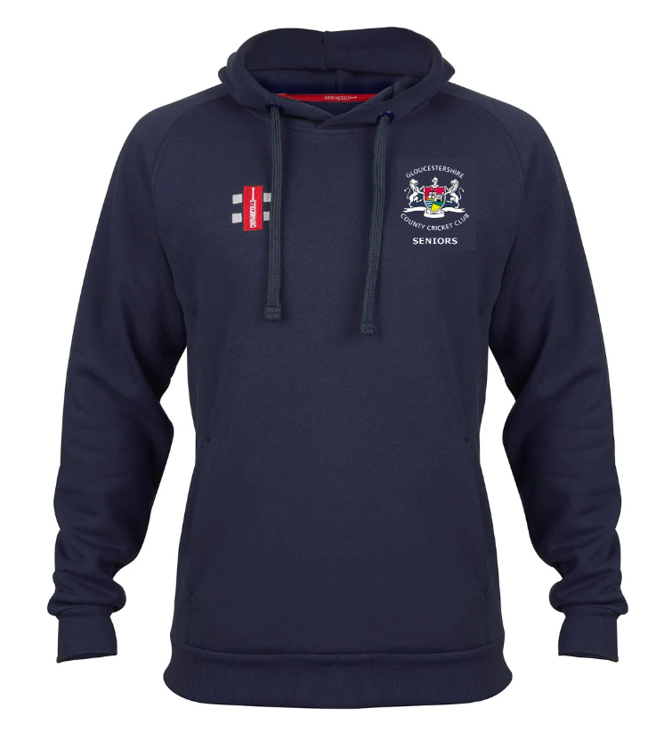 The Gloucestershire CCC Seniors Velocity Hoodie by Gray Nicolls is a navy active-fit hoodie with front pocket, dark drawstrings, chest embroidery featuring a crest with SENIORS beneath it, and a small red and white cricket emblem.