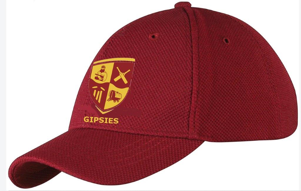 The Gray Nicolls Gloucester Gipsies CC Baseball Cap is maroon with a yellow shield emblem featuring four symbols and "GIPSIES" below the crest—ideal for any Stanway CC supporter.