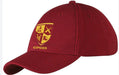 The Martin Berrill Sports Custom Baseball Caps feature maroon fabric, a yellow crest with four icons and "GIPSIES" text embroidered on the front. Custom orders available with no minimum quantity required.