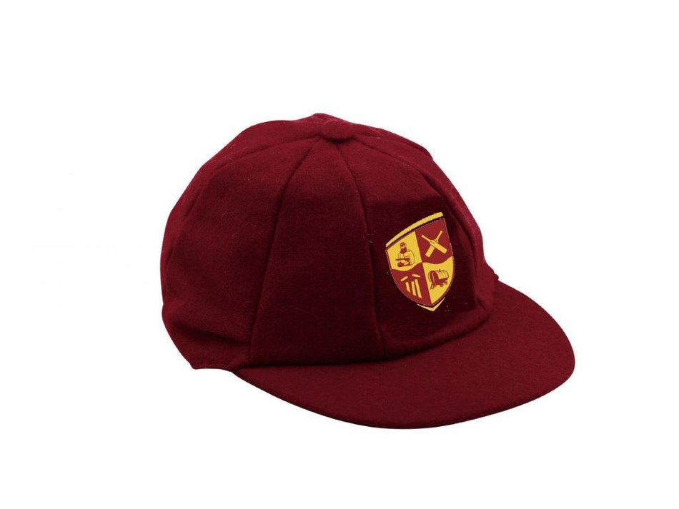 The Martin Berrill Sports Custom Traditional Cricket Cap features a maroon color, short brim, and custom yellow and red crest embroidery on the front panel, displayed against a white background.