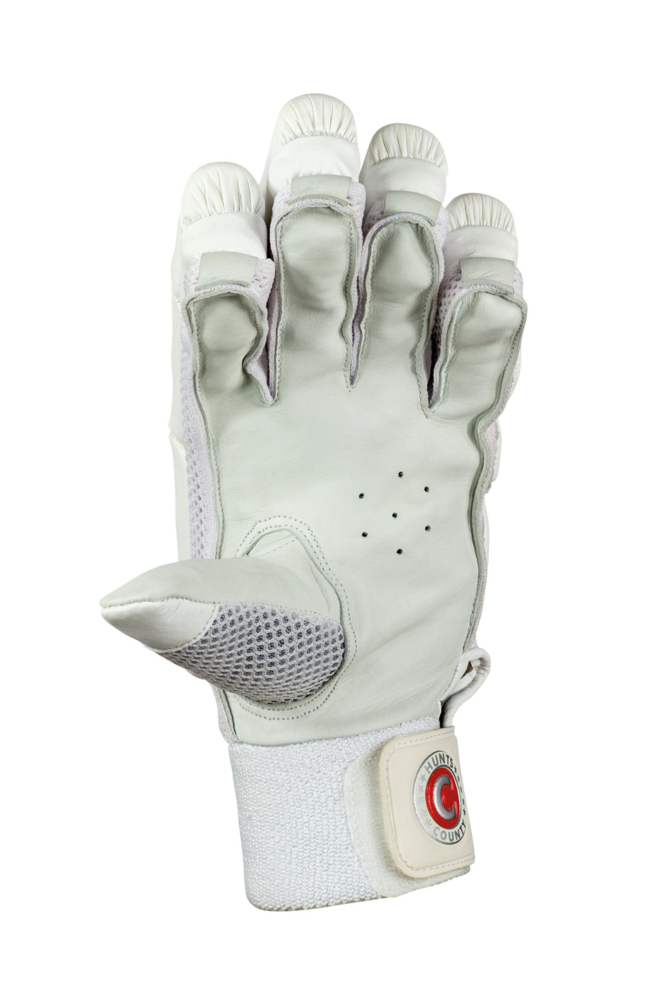 A single Hunts County Clipper Batting Glove by Hunts County, white with premium leather palm for enhanced grip, padded fingers for protection, mesh thumb ventilation, and a velcro wrist strap with a red and white circular logo.