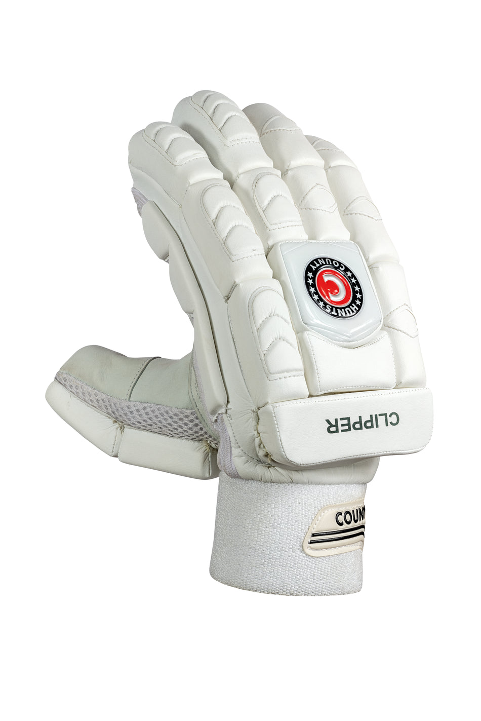 The Hunts County Clipper Batting Gloves feature padded white fingers for protection, a velcro wrist strap, HCB branding, COUNTY and CLIPPER logos, a red circular emblem on the back, and a premium leather palm.