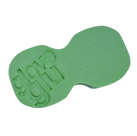 The GloveGlu Keep 'Em Clean Sponge by GloveGlu is a green micro cell sponge with "glove glu" embossed, featuring an ergonomic, irregular shape and two rounded sections for better grip and improved surface cleaning.