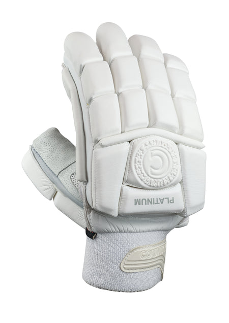 The Hunts County Platinum Batting Glove, shown upright, features Test level protection, a Pittards leather palm for grip, reinforced knuckles, and “PLATINUM” branding on the back.