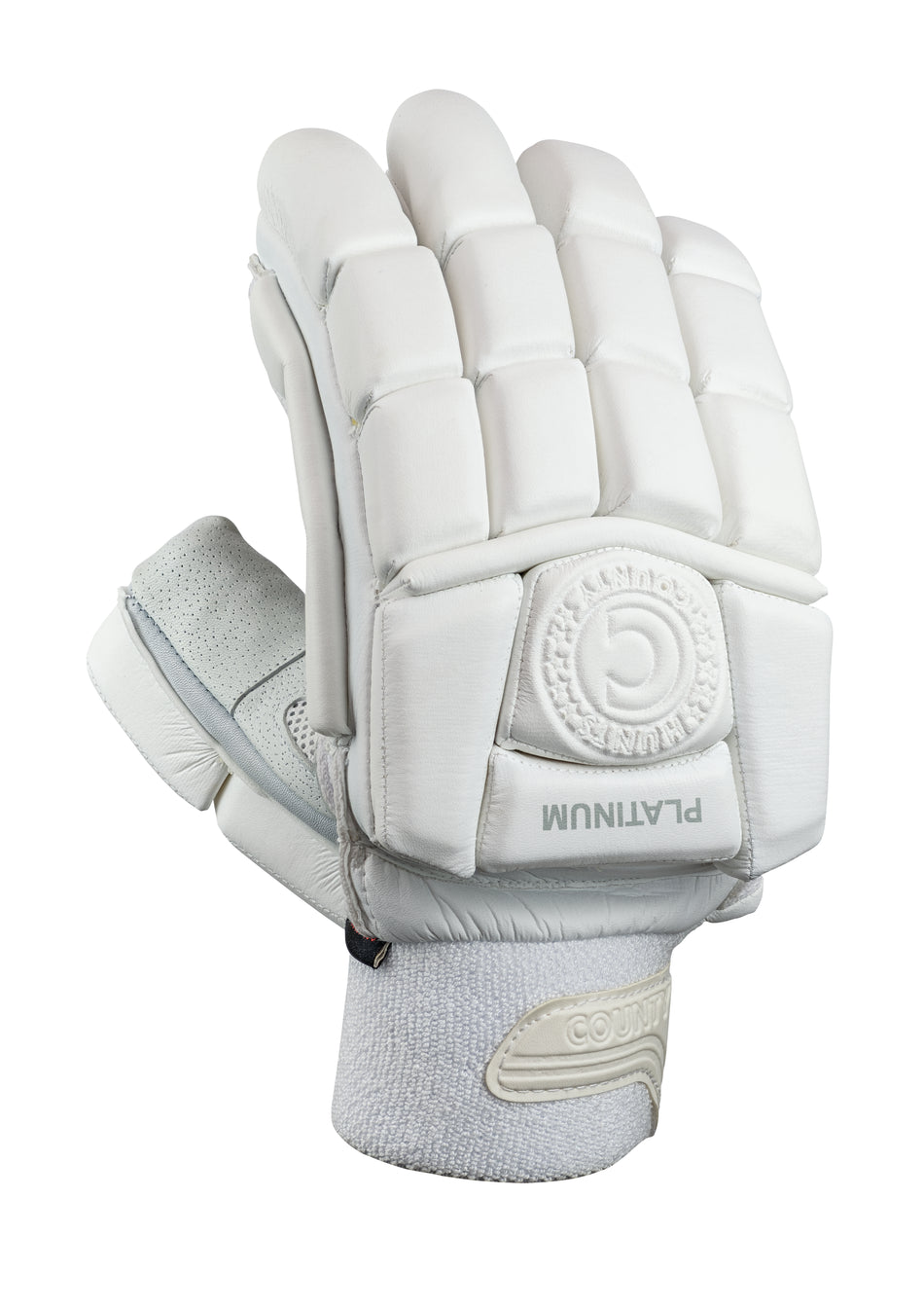 The Hunts County Platinum Batting Glove, shown upright, features Test level protection, a Pittards leather palm for grip, reinforced knuckles, and “PLATINUM” branding on the back.