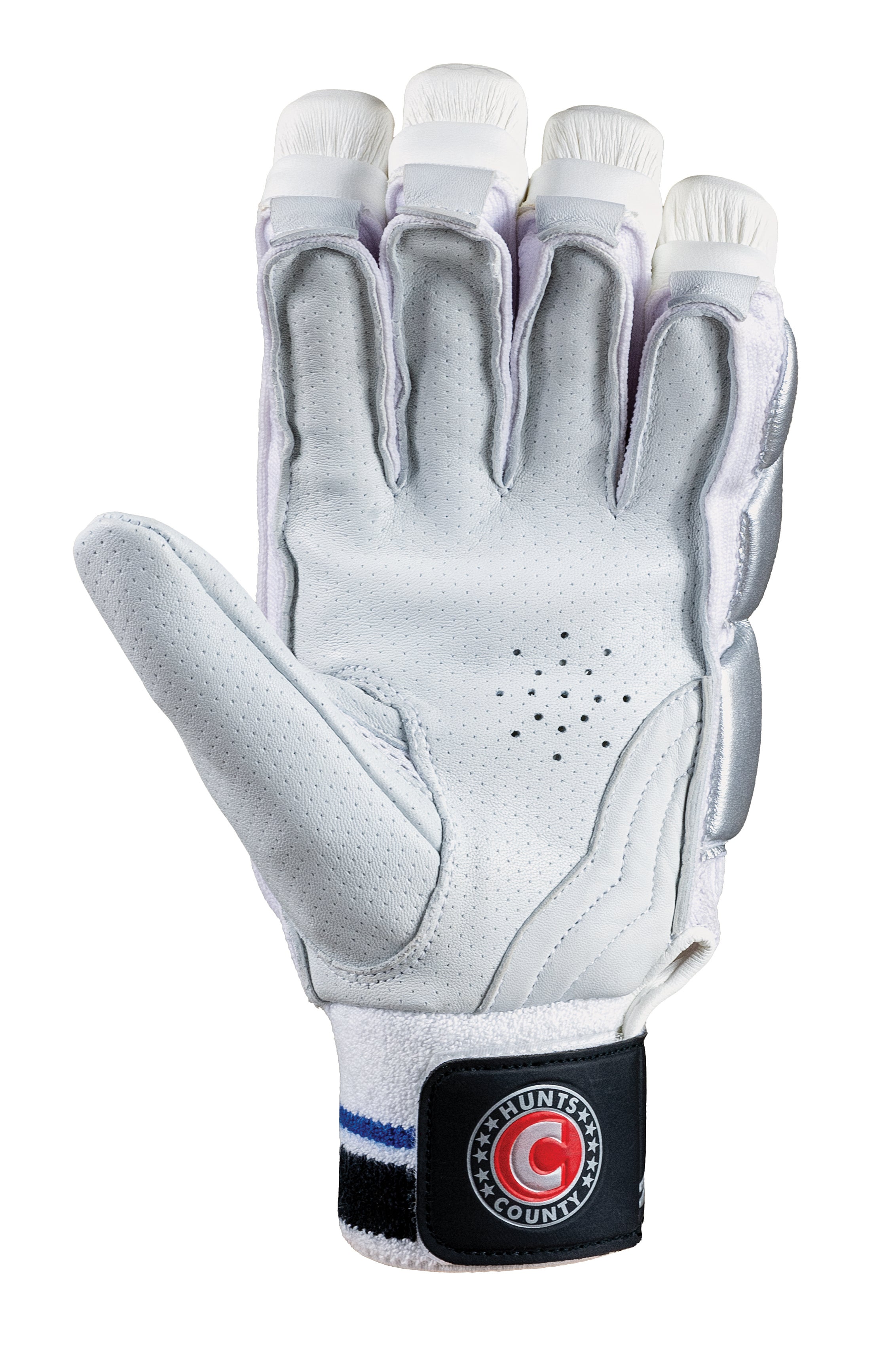 The Hunts County Reflex Batting Gloves by Hunts County are white and gray with padded fingers, high density foam, a Pittards leather palm, and a black wrist strap featuring the circular red and blue "COUNTY" logo.