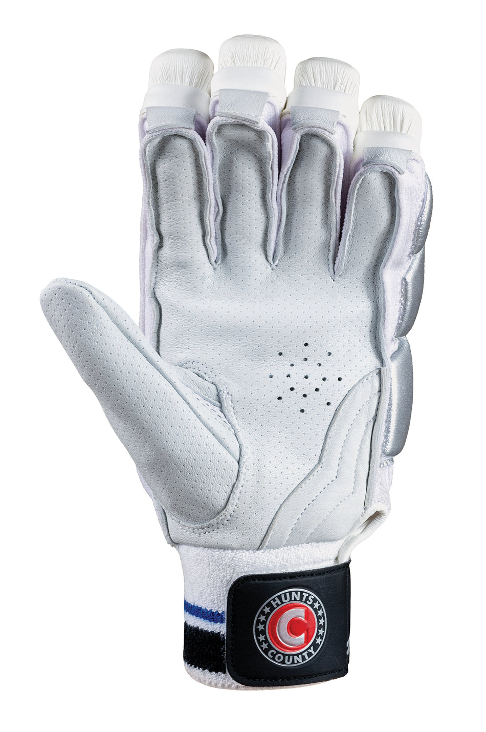 The Hunts County Reflex Batting Gloves by Hunts County are white and gray with padded fingers, high density foam, a Pittards leather palm, and a black wrist strap featuring the circular red and blue "COUNTY" logo.