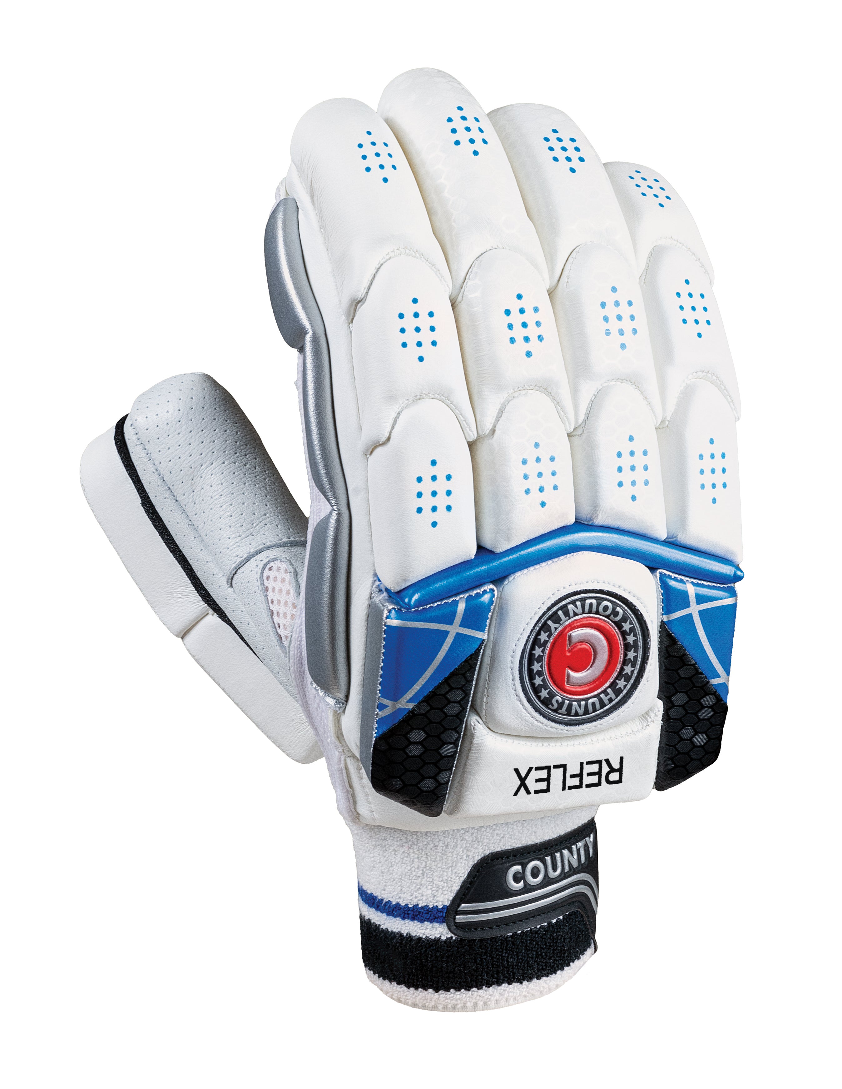 The Hunts County Reflex Batting Gloves feature white and blue design, padded fingers, high-density foam protection, ventilation holes, a Velcro wrist strap labeled COUNTY, and a textured grip on the partially visible palm.
