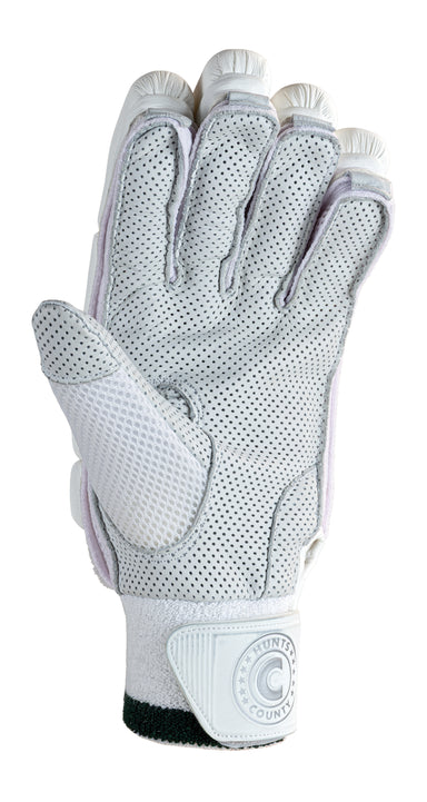 The Hunts County Triumph Batting Gloves feature lightweight white PU mesh, black perforations, padded fingers for protection, and a Velcro strap with a circular Hunts County logo. Shown palm-up against a white background.