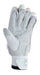 The Hunts County Triumph Batting Gloves feature lightweight white PU mesh, black perforations, padded fingers for protection, and a Velcro strap with a circular Hunts County logo. Shown palm-up against a white background.