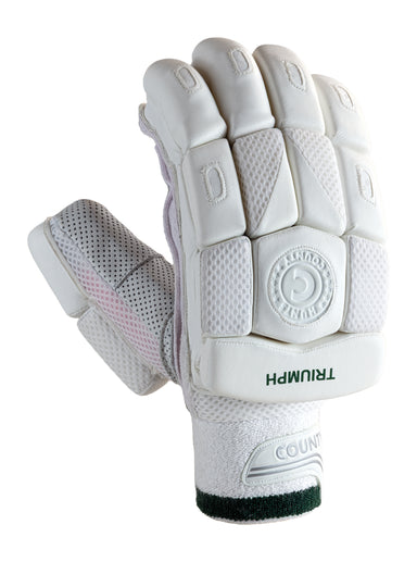 The Hunts County Triumph Batting Glove is a single white glove made from lightweight PU, featuring padded fingers and knuckles, mesh side ventilation, and "TRIUMPH" printed on the wrist strap.