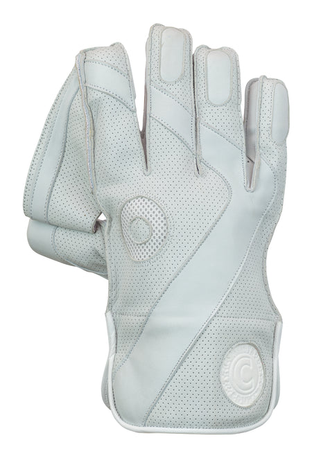 The Hunts County Platinum Wicket Keeping Glove by Hunts County is a pair of white padded leather gloves with perforated details and circular embossed logos on the palm and wrist.