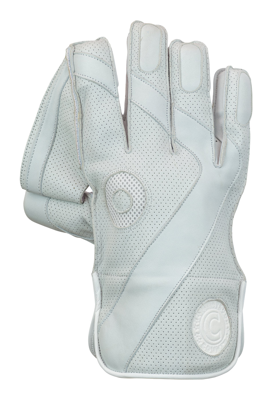 The Hunts County Platinum Wicket Keeping Glove by Hunts County is a pair of white padded leather gloves with perforated details and circular embossed logos on the palm and wrist.
