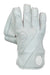 The Hunts County Platinum Wicket Keeping Glove by Hunts County is a pair of white padded leather gloves with perforated details and circular embossed logos on the palm and wrist.