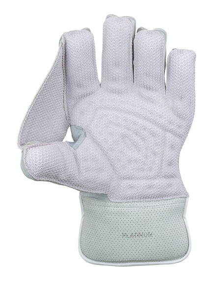 The Hunts County Platinum Wicket Keeping Glove, by Hunts County, is shown open with white textured padding, light gray trim, and perforations at the wrist. "PLATINUM" is embossed on the wrist area of this cricket glove.
