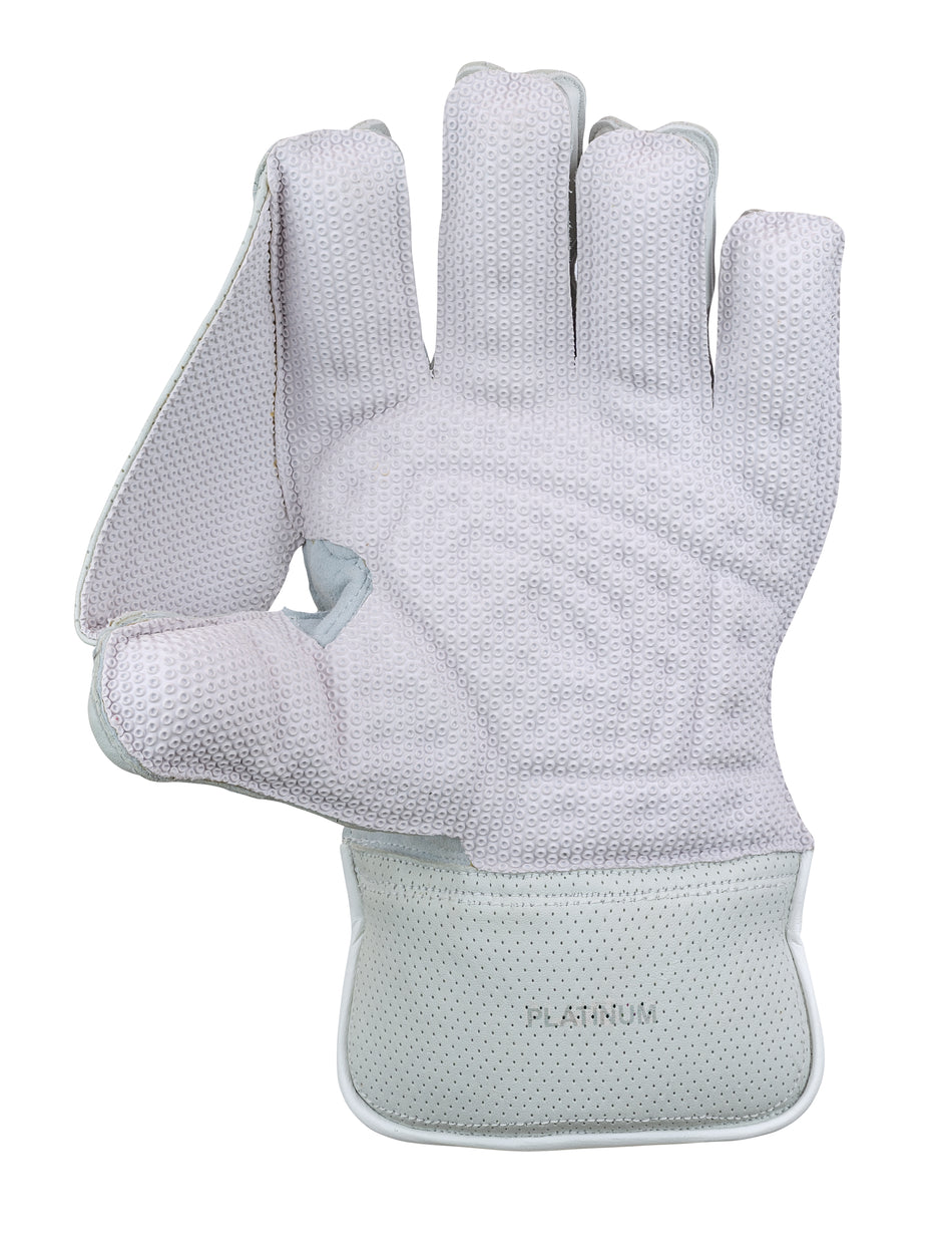 The Hunts County Platinum Wicket Keeping Glove, by Hunts County, is shown open with white textured padding, light gray trim, and perforations at the wrist. "PLATINUM" is embossed on the wrist area of this cricket glove.