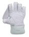 The Hunts County Platinum Wicket Keeping Glove, by Hunts County, is shown open with white textured padding, light gray trim, and perforations at the wrist. "PLATINUM" is embossed on the wrist area of this cricket glove.