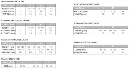A sizing chart in centimeters for Grays Nitro Padded Goalie Shorts - Junior by Grays, showing S, M, and L sizes alongside leg guards, hand protectors, helmet, nitro kickers, polymer armour body gear, padded shorts with high-density foam, and arm guards.